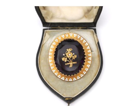 An 18 karat gold 19th century paste, enamel and seed pearl brooch. Gross weight: 49.1 g. L:6 B:5 cm.