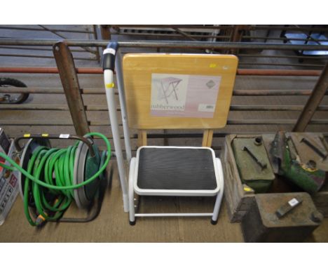 A folding rubber wood table; together with a caravan step 