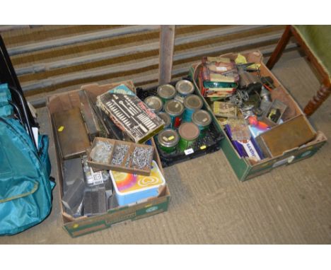 Three boxes of various tools, paints, bench vice, etc.