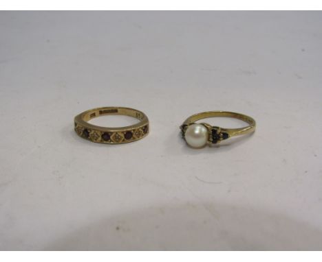Two 9ct gold rings, garnet and diamond half hoop and pearl and sapphire. Sizes J/K, 4.2g