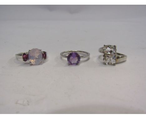 An Itinga Petalite sterling ring, size J/K, lavender quartz and Rajasthan garnet, size N/O and Prasiolite amethyst ring, size