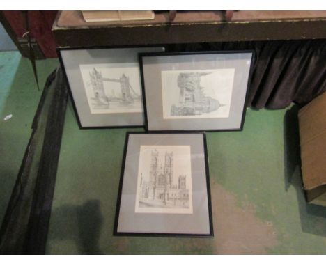 Three London scenes, pencil drawing prints, indistinctly signed lower right, one glass a/f, largest 29.5cm x 22cm