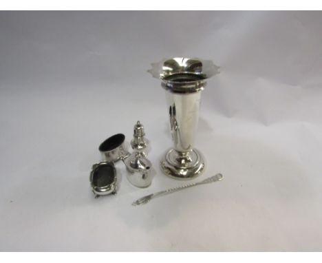 Mixed silver items including vase, cruets, peppette and fork, some damage present