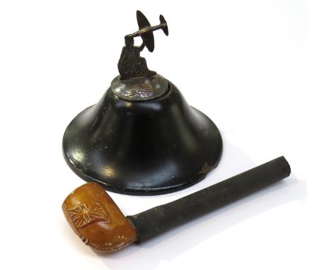 A POW-made 1939 penny sculpture of Victory holding a Spitfire, on blackened base, together with a Union Flag pipe. The penny 
