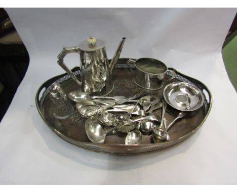 Plated wares including galleried tray, coffee pot and sugar bowl, sucrier and flatware 