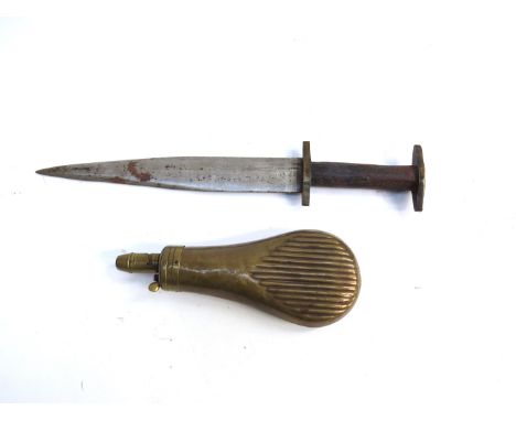 A 19th Century dagger of crude construction, wooden grip with  brass cross hilt and pommel, together with a 19th Century copp