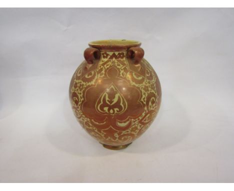 A late 19th/early 20th Century WillIam de Morgan style pottery bulbous form vase, stylised Persian influence, 27cm tall