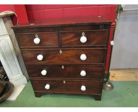 A Victorian mahogany chest of two short over three long drawers, porcelain handles, bracket feet, 102cm x 94cm x 46cm