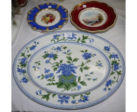 A Royal Worcester large oval meat plate with chinoiserie decoration; a pair of 19th century Davenport hand painted dessert pl