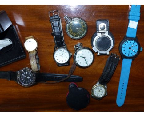A military style chrome black dial pocket watch and other vintage watches
