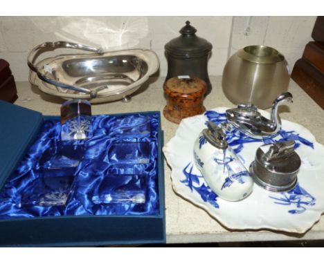 A set of 6 crystal wedges in original box; a large vesta bottle; 3 vintage cigarette lighters; silver plate; etc.