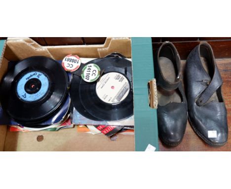A pair of 19th century clocks; 2 vintage bus conductor's badges; a selection of 1960's - 1980's singles