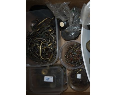 A large selection of Georgian style brass fittings:  swan's neck drawer handles; key escutcheons and shelf fixings