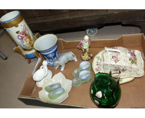 A Wedgwood Jasperware vase; 2 pairs of encrusted shoes; a Belleek leaf plate; decorative china