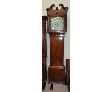 A late 18th / early 19th century oak longcase clock with swan neck pediment and reeded pillars to the hood, compressed arch 3