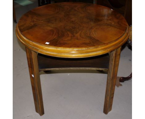 An Art Deco burr walnut circular occasional table with shelf under, diameter 28"