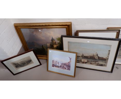 20th Century:  Sunny street scene with figures and buildings, watercolour, unsigned, framed and glazed; a heightened print of