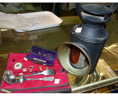 A BR (M) railway lamp; a 3 piece EPNS tea service; a pince nez; etc.