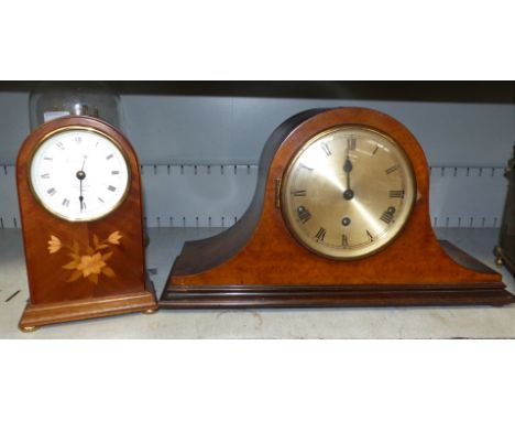 A 1930's Napoleon hat mantel clock in walnut and mahogany, with chime; a modern mantel clock