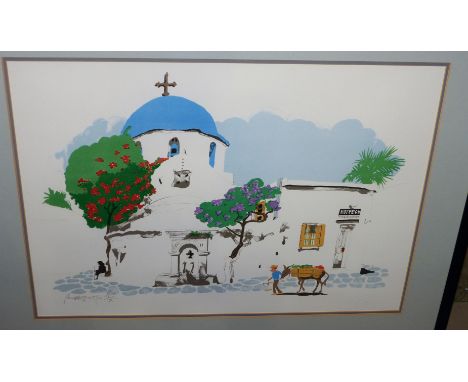 Paul Hogarth 12917-2001:  colour lithograph, Greek scene with figures, signed and numbered, Curzon Galleries, 18" x 25", fram