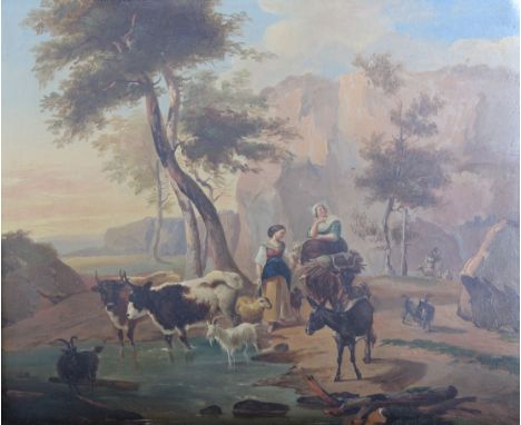 Circle of Franz de Paula Ferg (Austrian, 1689-1740), Visit to the Water Hole.&nbsp; Oil on metal panel.&nbsp; &nbsp; 25.5 x 3