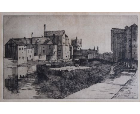 Enid Tyndale c.1930, 'View of Tewkesbury'.  Engraving.   Inscribed verso,  15 x 24cmTogether with another print by Tyndale, s