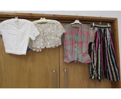 A 1940's taffeta pastel check blouse with a peplum waist, two cream lace and embroidery anglaise examples and a early 1950's 