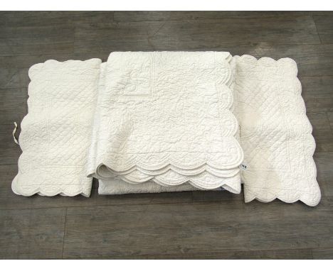 A French style cotton super king ivory stitched quilted bed spread with two matching square cushion covers, 240cm x 260cm and