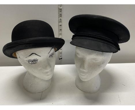 A vintage Dunn and Co trilby and a chauffer hat 