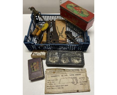 A job lot of assorted vintage hand tools, vintage tins etc 