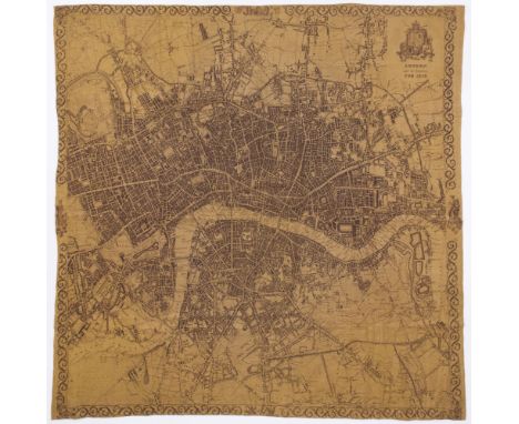 * Handkerchief. London and its Environs, for 1832, printed in brown on a rich tan cotton ground, with a large street plan of 