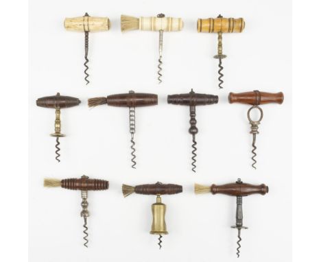 * Corkscrews. A Victorian Chinnock type corkscrew, brass cylinder case and turned wooden handle with a brush, together with a