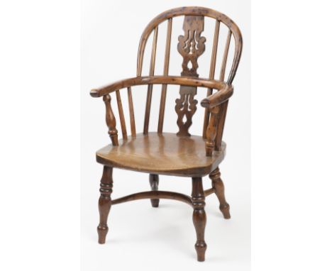 * Child Chair. A Victorian elm child's windsor chair, with hoop top, central pierced and carved back splat, stick back, curve