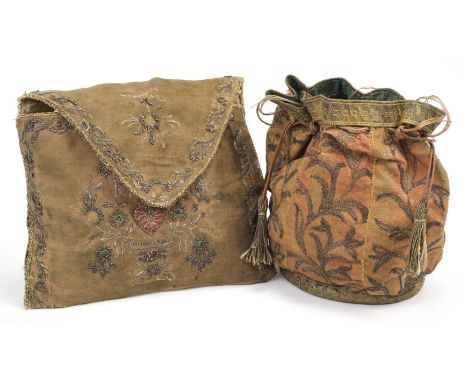 * Bag. An 18th century metalwork reticule, drawstring bag of orange silk (somewhat faded), embroidered overall in metallised 
