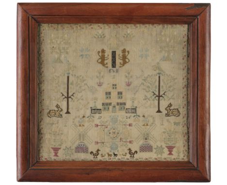 * Sampler. An early 18th century needlework, Dutch, 1726, neatly worked in cross-stitch in polychrome and black silks, on a b