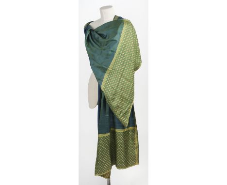 * Shawl. A Spitalfields changeable silk stole, circa 1810-20, woven in peacock green/blue, the end borders with repeated patt