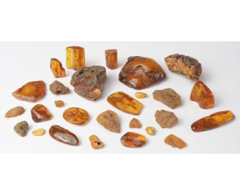 * Amber. A collection of rough amber samples, mostly from Russia and the Ukraine, including a smooth and polished boulder, ap