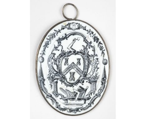 * Masonic Pendant. A George III Masonic uniface enamel pendant, circa 1770, the oval white enamel plaque with black transfer 