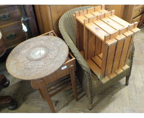 A gilded loom chair, a Pine two shelf rack, an Indian carved folding table and an Ercol style side table