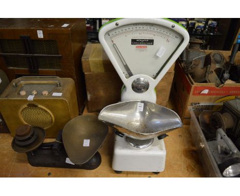 Set of old enamel grocers scales and a set of kitchen scales.