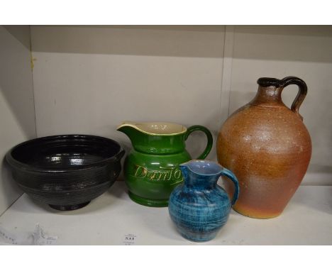 A Muchelney Pottery salt glaze jug (the pottery run by the grandson of Bernard Leach) together with three other items.