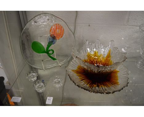 A decorative amber tinted moulded glass bowl and stand and other glassware.