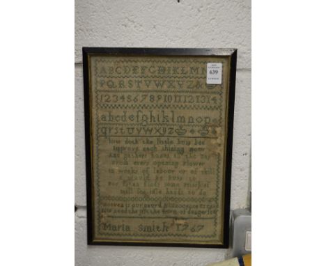 An 18th century alphabet sampler, signed Maria Smith 1767 (some moth damage).