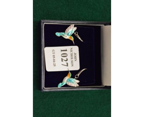 A pair of sterling silver and enamel humming bird earrings.