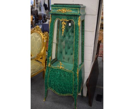 An unusual faux malachite and ormolu mounted narrow vitrine cabinet.