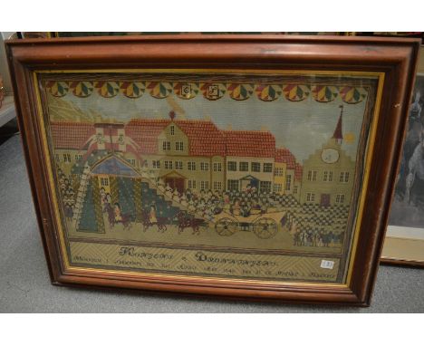 A tapestry picture of a street scene with numerous figures together with a limited edition print.