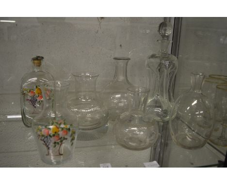 Enamel decorated carafe and similar decanter, various other decanters.