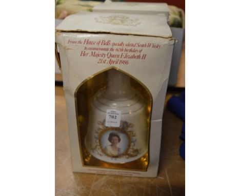 A Wade Bells whisky decanter to commemorate the 60th birthday of H M Queen Elizabeth II 1986, boxed.
