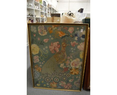 Tapestry picture of a peacock and another picture.