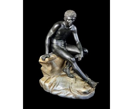 After the Antique, 'Seated Hermes', a large and fine Grand Tour bronze and marble figure, with foundry plaque inscribed 'Saba